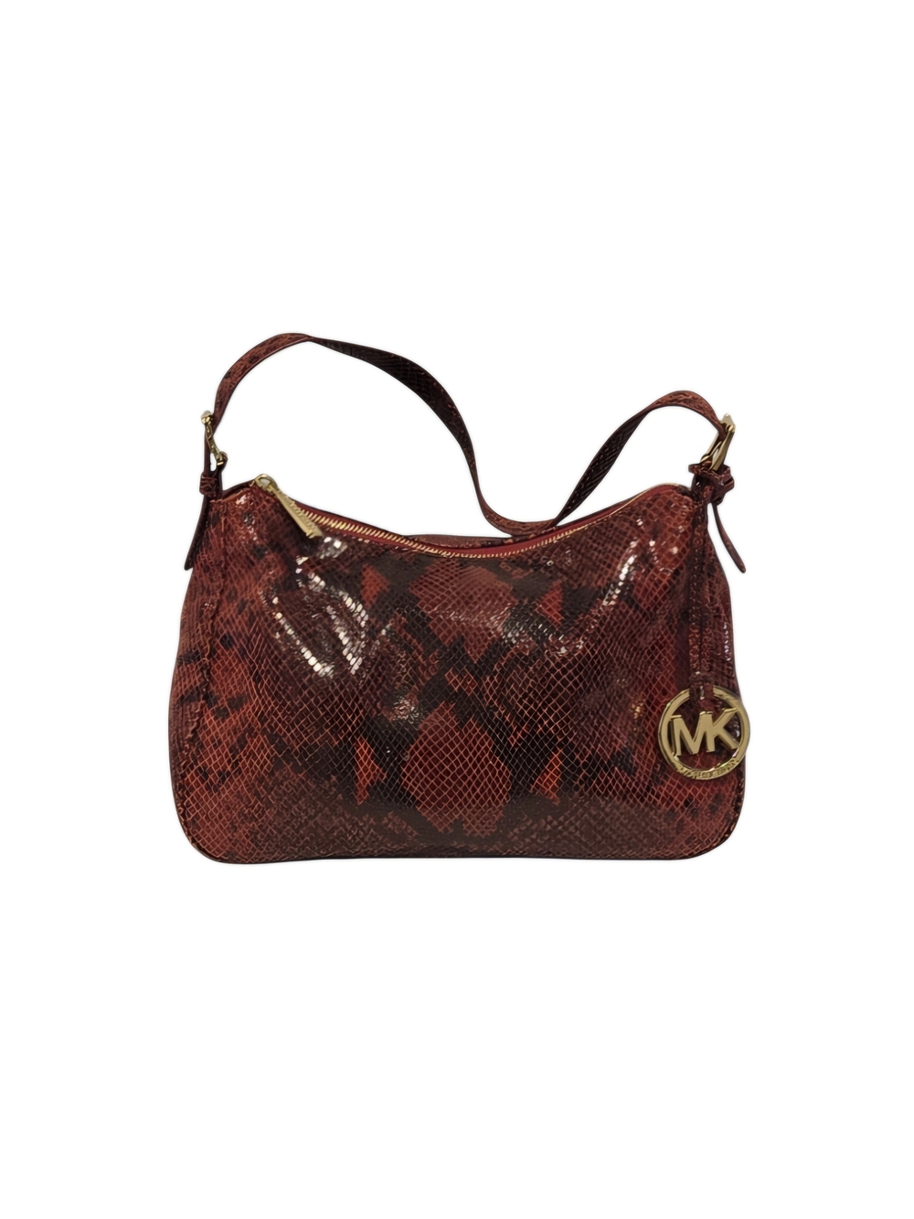 Michael Kors Red Snake-Print Shoulder Hobo with Gold MK Charm EUC